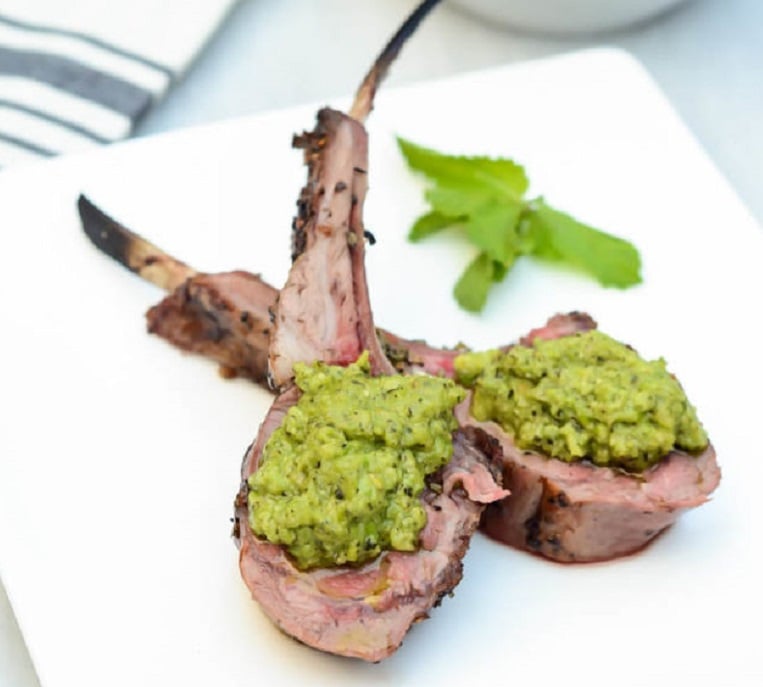 HERB CRUSTED RACK OF AUSSIE LAMB WITH MINT PEA PESTO