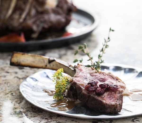 Grilled Rack of Lamb with Fennel Dust and Pear Brandy Risotto