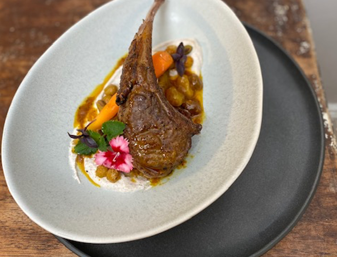 Australian Lamb Chops with Spiced Yogurt Roasted Chickpeas and Golden Raisin Curry Vinaigrette