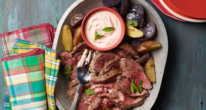 ROASTED LEG OF LAMB WITH SRIRACHA AND KIMCHI-MINT SOUR CREAM