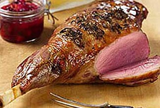 Maple-Glazed-Leg-of-Australian-Lamb-with-Squash-Puree-and-Cranberry-Pear-Chutney