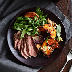 Aussie sirloin steak with baked pumpkin and feta