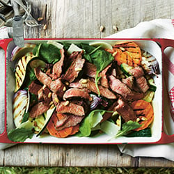 Grilled Aussie beef sirloin steak, zucchini, sweet potato and arugula salad